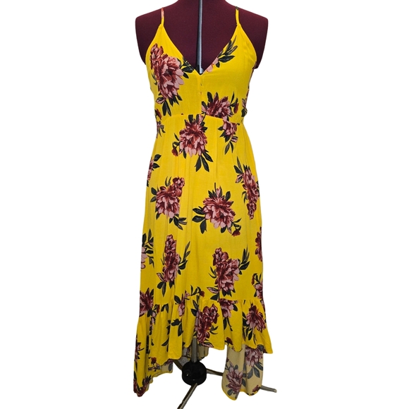 Pacific Vibes Dresses & Skirts - Pacific Vibes Floral Yellow Pink Hi-Lo Maxi Dress Size L Boho Feminine Beachy